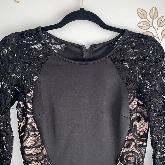 Short sequine Black Embroidered Bodycon Long Sleeve Cocktail Dress - Picture 8 of 9